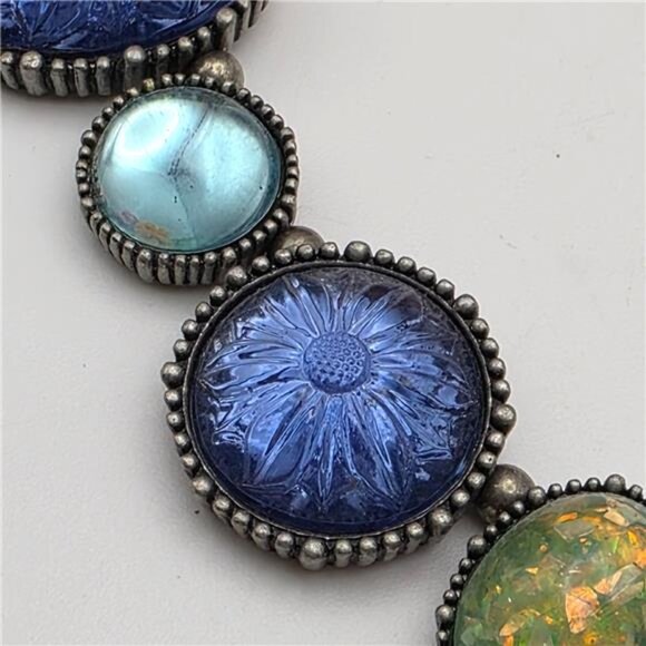 Blue Green Glass Bead Link Necklace Silver Tone Floral Molded 20" Adj Vintage - Picture 2 of 10